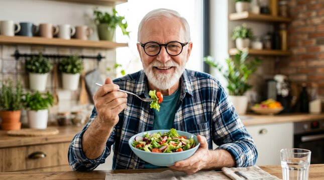 Cheerful senior man enjoying a nutritious green salad in the kitchen