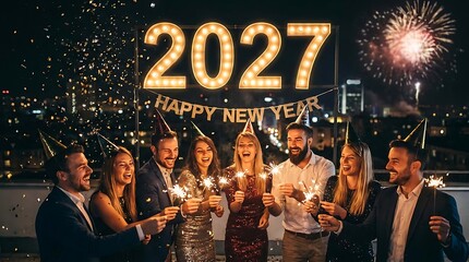 Obraz premium Friends celebrating happy new year 2027 with sparklers on rooftop terrace at night.