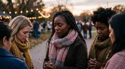 Fototapeta premium Spiritual connection as diverse women gather for prayer and Christian Bible study.