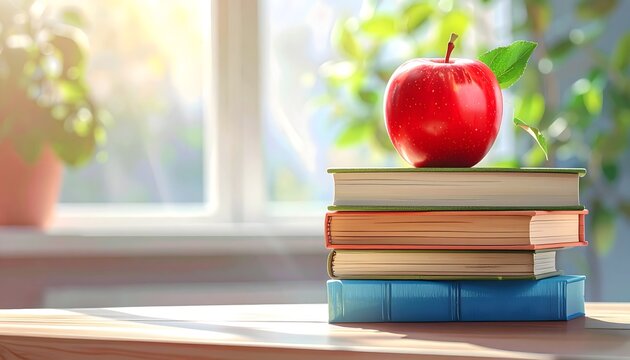 Manzana roja sobre una pila de libros en un aula luminosa con ventana y fondo desenfocado