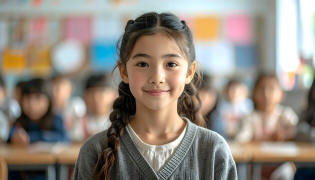 Retrato de ni&ntilde;a sonriente con trenzas en un aula luminosa con otros estudiantes desenfocados al fondo