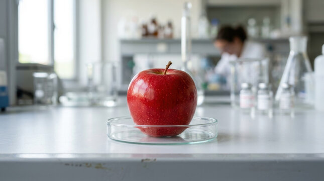 Apple in petri dish for quality test in laboratory with blurred scientist and clean research table