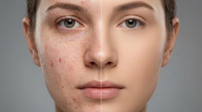 Before and after skin treatment concept showing acne and perfect makeup application.