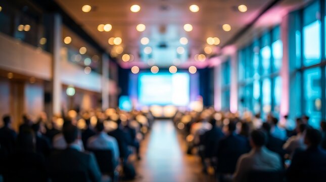 A scientific conference theme background with abstract bokeh and large presentation screen.