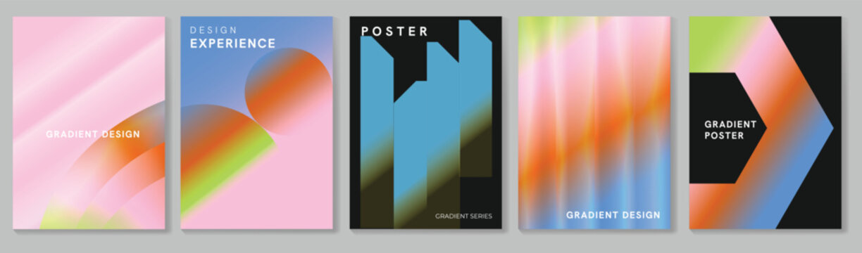 Abstract gradient poster background vector set. Modern cover templates with colorful geometric shapes and optical illusion design for social media, banner and wallpaper.