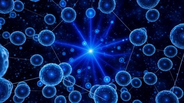 Blue glowing network of connected cells or molecules representing scientific and medical research