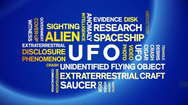 UFO animated word cloud-Unidentified Flying Object animation tag kinetic typography seamless loop.