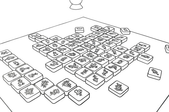 Mahjong tiles arranged on table &mdash; coloring page in calm intellectual meditation and East Asian aesthetic style