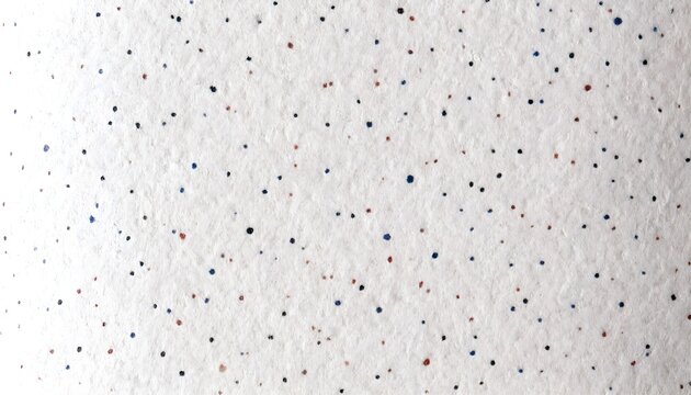 White textured paper background with small scattered blue and brown ink splatters
