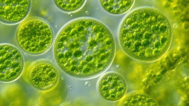 Close up microscopic view of green algae cells showing detailed cellular structure and vibrant natural colors