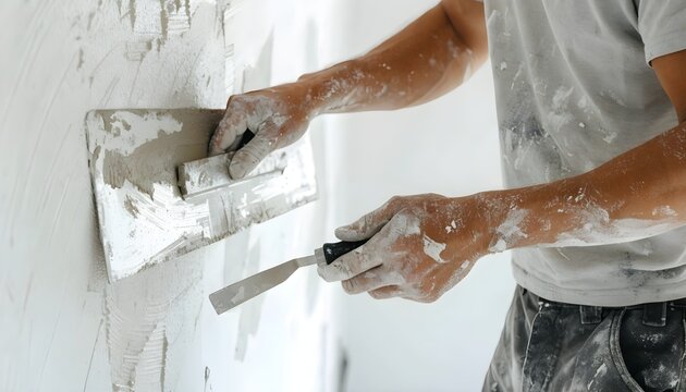 A construction worker uses a plastering trowel to apply mortar and smooth a white wall during interior renovation.