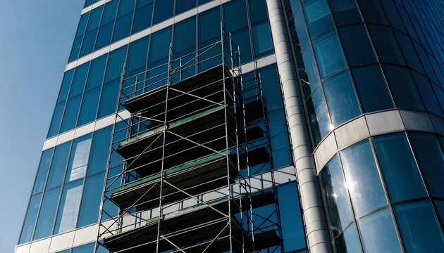 Metal scaffolding installed against the glass facade of a modern high-rise office building during construction or maintenance work