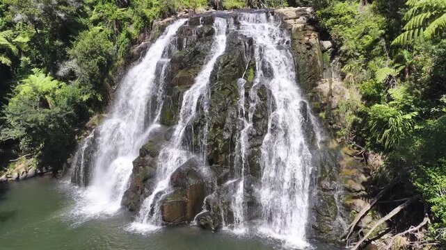 Drone footage approaching Owharoa Falls as multiple streams cascade over volcanic rock into a peaceful forest pool surrounded by vibrant native vegetation in Waikato, New Zealand.