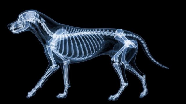 Detailed x-ray image of a dog skeleton showing bones and anatomy in clear view on black background