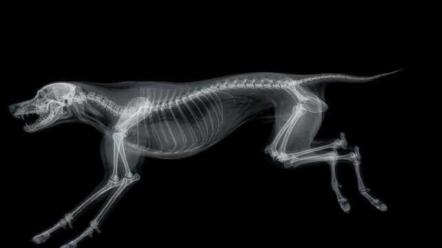 X-ray image of a dog skeleton showing detailed bones and structure on black background