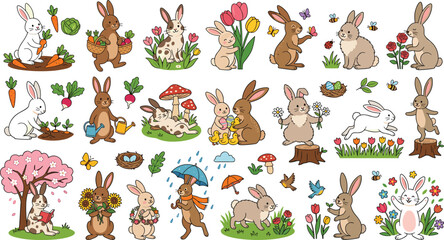 Fototapeta premium Cute Spring Easter Bunny Character Collection with Gardening Rabbits Carrot Harvest Mushroom Rain Sunflowers and Cherry Blossom Tree Icons Vector Graphic Set