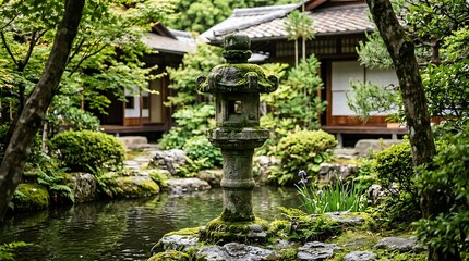 Fototapeta premium Traditional stone lantern in a serene japanese garden