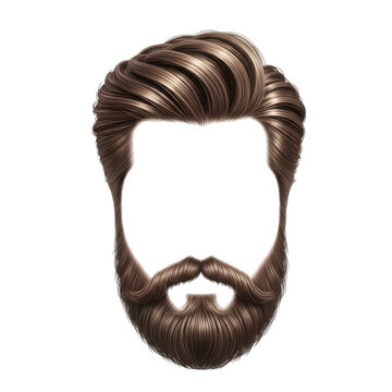 Realistic black and brown handlebar mustache with styled hair pompadour isolated on transparent background