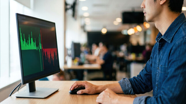 High frequency order book imbalance trading chart analyst at computer in office with market data and monitoring screen