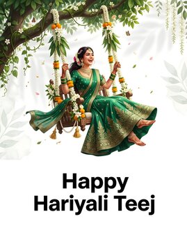 Happy hariyali teej celebration with woman in traditional green saree on swing with Indian