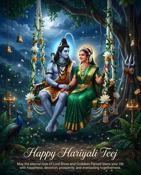 Lord shiva and goddess parvati blessing hariyali teej celebration greeting poster