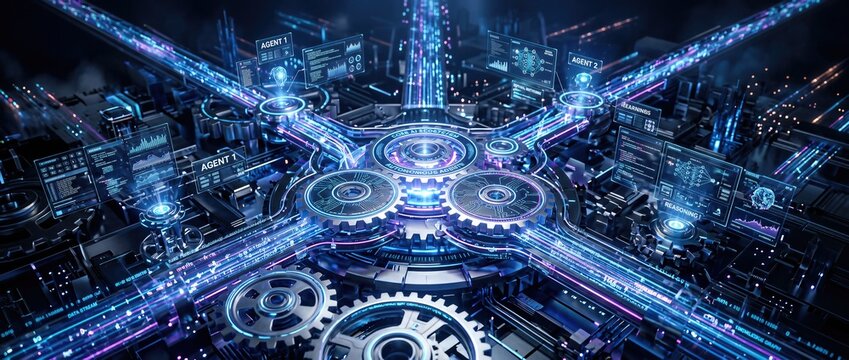 Agentic AI workflow automation featuring glowing data streams merging with digital gears in a futuristic tech concept