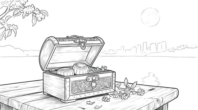 Open treasure chest with Easter eggs on wooden table under moonlight &mdash; coloring page for Easter in mysterious spring discovery and symbolic gift-giving style