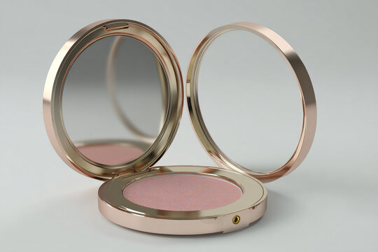 Open luxury golden metallic cosmetic blush palette compact with round mirror showing reflection isolated on clean grey background, premium female beauty face makeup powder product container case.