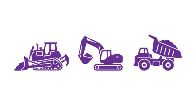 Heavy construction and earthmoving equipment icons including bulldozer excavator dump truck with load in purple construction machinery bulldozer excavator earthmoving