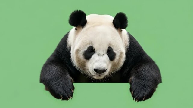 A cute giant panda resting its paws on a solid sage green background surface