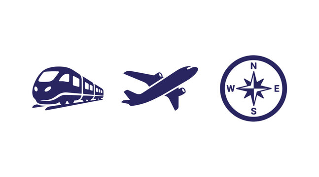 Transportation and navigation icons featuring train airplane and compass transport navigation airplane direction locomotive aviation geography orientation logistics