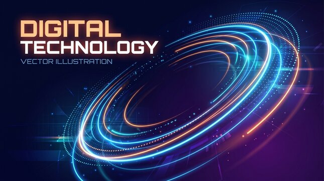 Abstract futuristic digital technology vortex with glowing light trails on a dark background, conveying speed and innovation