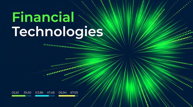 Abstract digital background with glowing green lines emanating from the center, representing financial technology concepts. Text overlay reads Financial Technologies