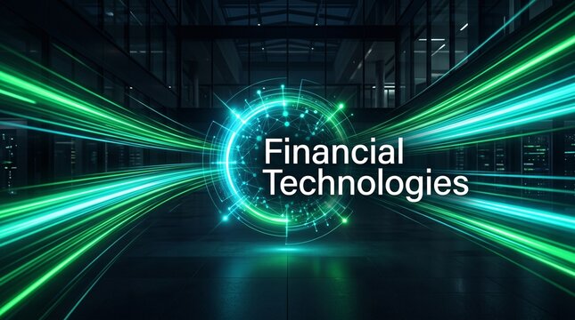 Futuristic digital display showcasing Financial Technologies with glowing green light streaks. The background depicts a modern data center or server room