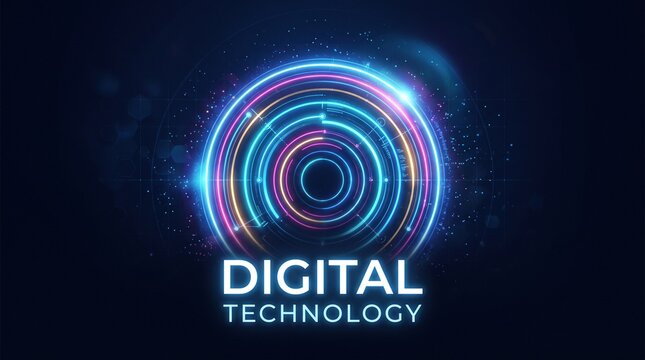 Abstract digital technology logo with concentric circles of neon light