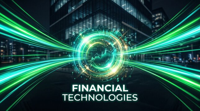 Abstract futuristic digital financial technologies, glowing with green energy and set against a modern city backdrop with tall buildings, representing innovation and data flow