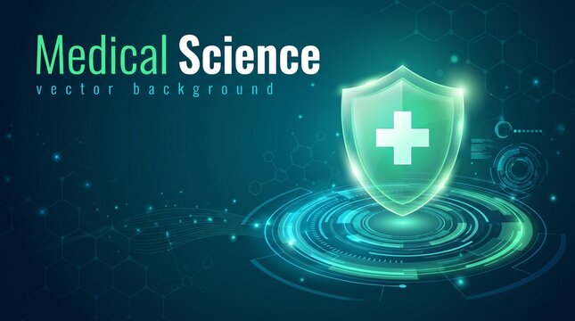Medical Science abstract background with green shield and plus symbol