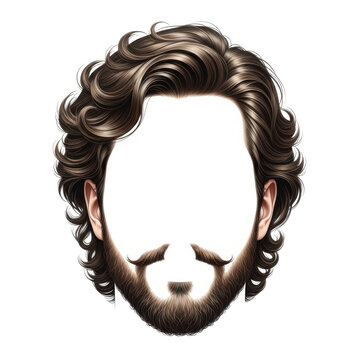 realistic human hair wig with natural curls and goatee beard isolated on transparent background