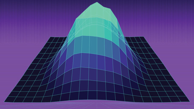 Futuristic 3D wireframe terrain with neon blue and purple gradient, digital landscape grid vector, abstract topographical data visualization