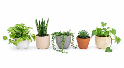 Fototapeta premium Collection of small green houseplants in ceramic pots isolated on white background