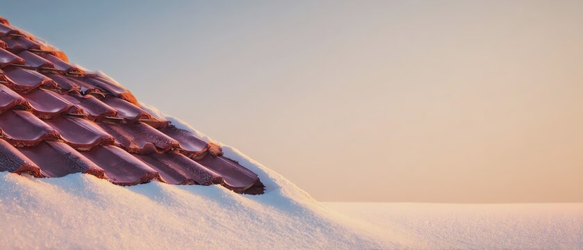 Roof covered in fresh snow at sunrise.