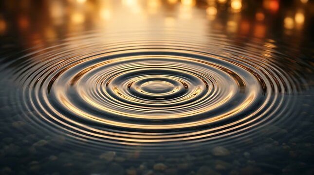 Water ripples creating concentric circles on dark surface with golden light reflections.