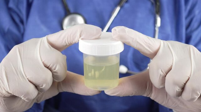 Healthcare worker in blue scrubs and gloves holds a clear urine specimen cup toward the lens, useful for lab testing, diagnostics, and infection control themes.