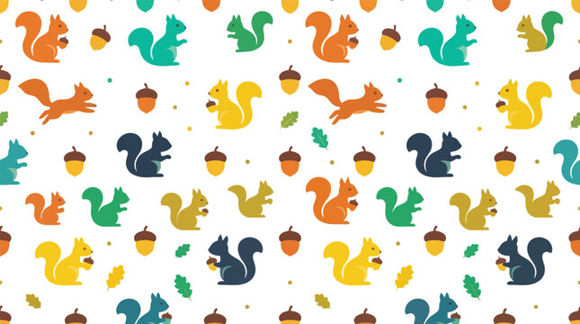 Seamless pattern of cute colorful squirrels and acorns with squirrel, seamless