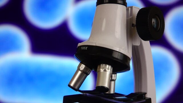 A laboratory microscope stands before a magnified E coli bacteria background, symbolizing microbiology research,