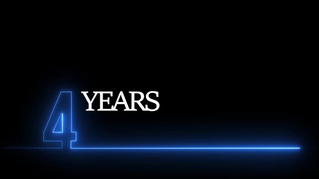 4 years anniversary neon glowing text animation with blue line