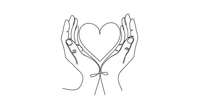 Continuous line drawing shows hands cradling a heart shape, symbolizing love and care