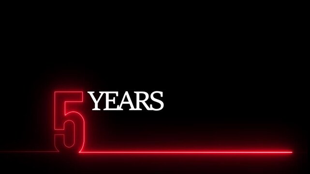 5 years anniversary neon glowing text animation on black background, for celebration and, business milestone