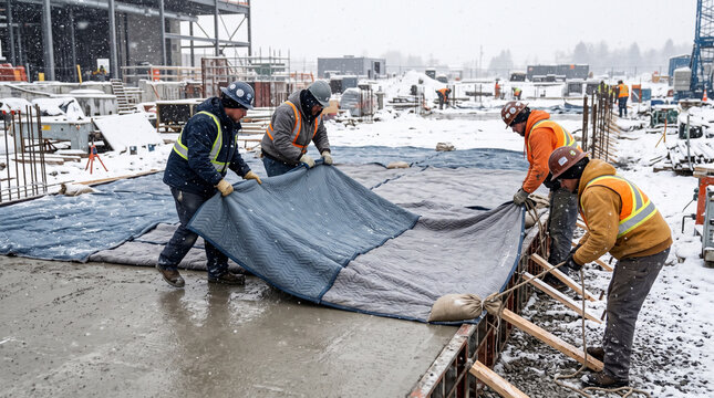 Construction workers securing concrete blanket in snow