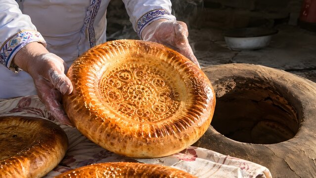Traditional Uzbek flatbread with ornate patterns, golden tandoor naan bread held by baker, authentic central asian lepeshka baked in clay oven